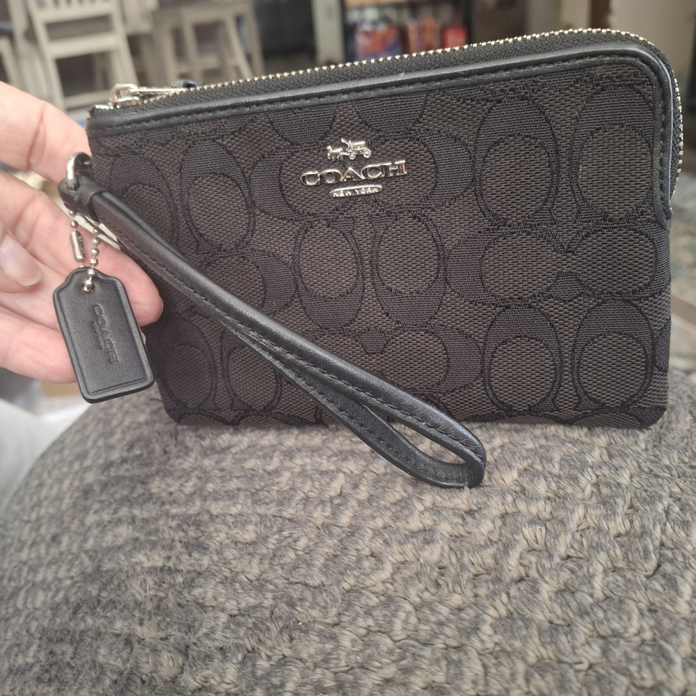 Coach Signature Canvas Black Wristlet (w/FREE 0.5ML Coach Perfume)